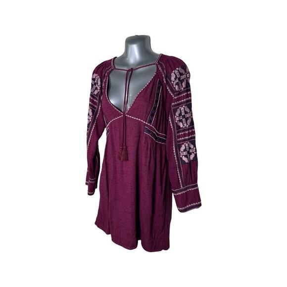 Free People All My Life Wine Embroidered Smocked Mini Dress Women’s XS Boho Chic - Picture 3 of 13